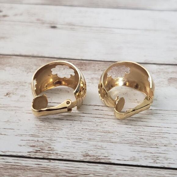 Vintage Clip On Earrings - Unusual Chunky Gold Tone Hoops with Cut Out Design - Picture 3 of 5